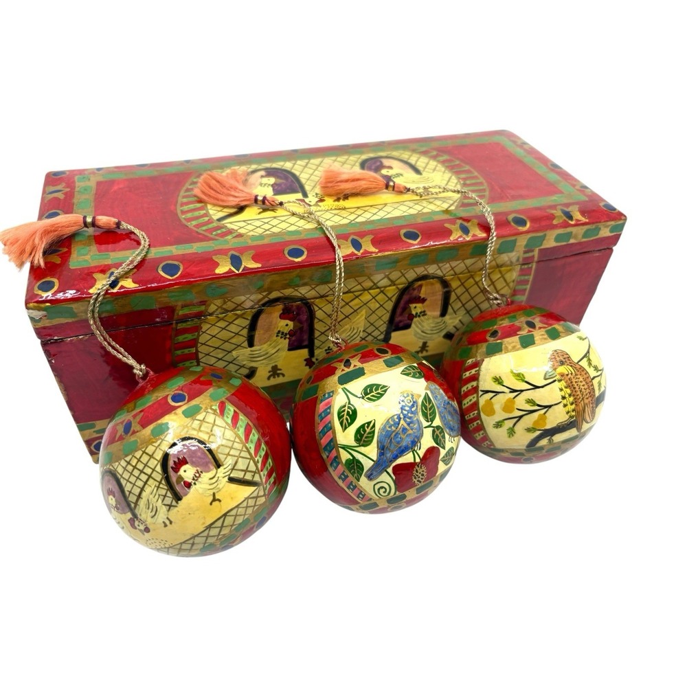 Traditional Handpainted Bird Ornaments Set of 3 Matching Wooden Gift Box India